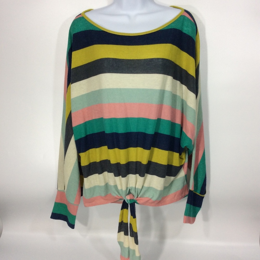 Blu-Pepper Size Large Blouse Wide Stripes Long Sleeve Tie Front